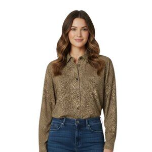 Alfred Dunner Size 14 Long Sleeve Button-Up Blouse Top Animal Print Collared Top